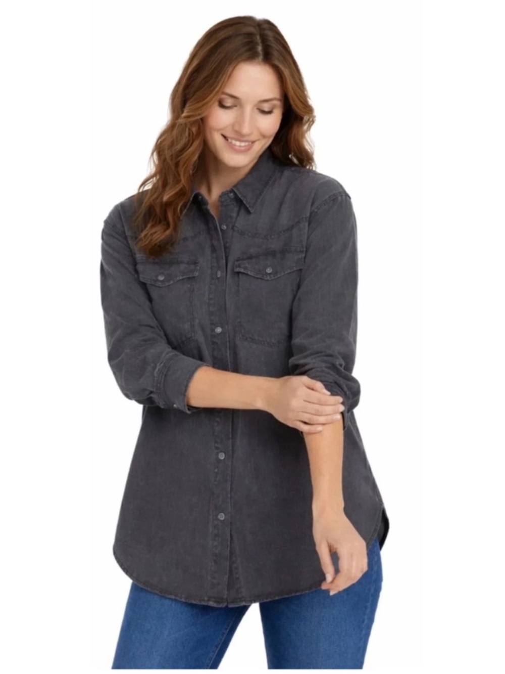 Gloria Vanderbilt Washed Charcoal Button-Down Shirt